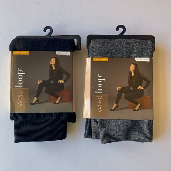 west loop Pants - NIP West Loop Fleece Leggings M/L Set of 2 Black and Heather Gray Soft and Cozy
